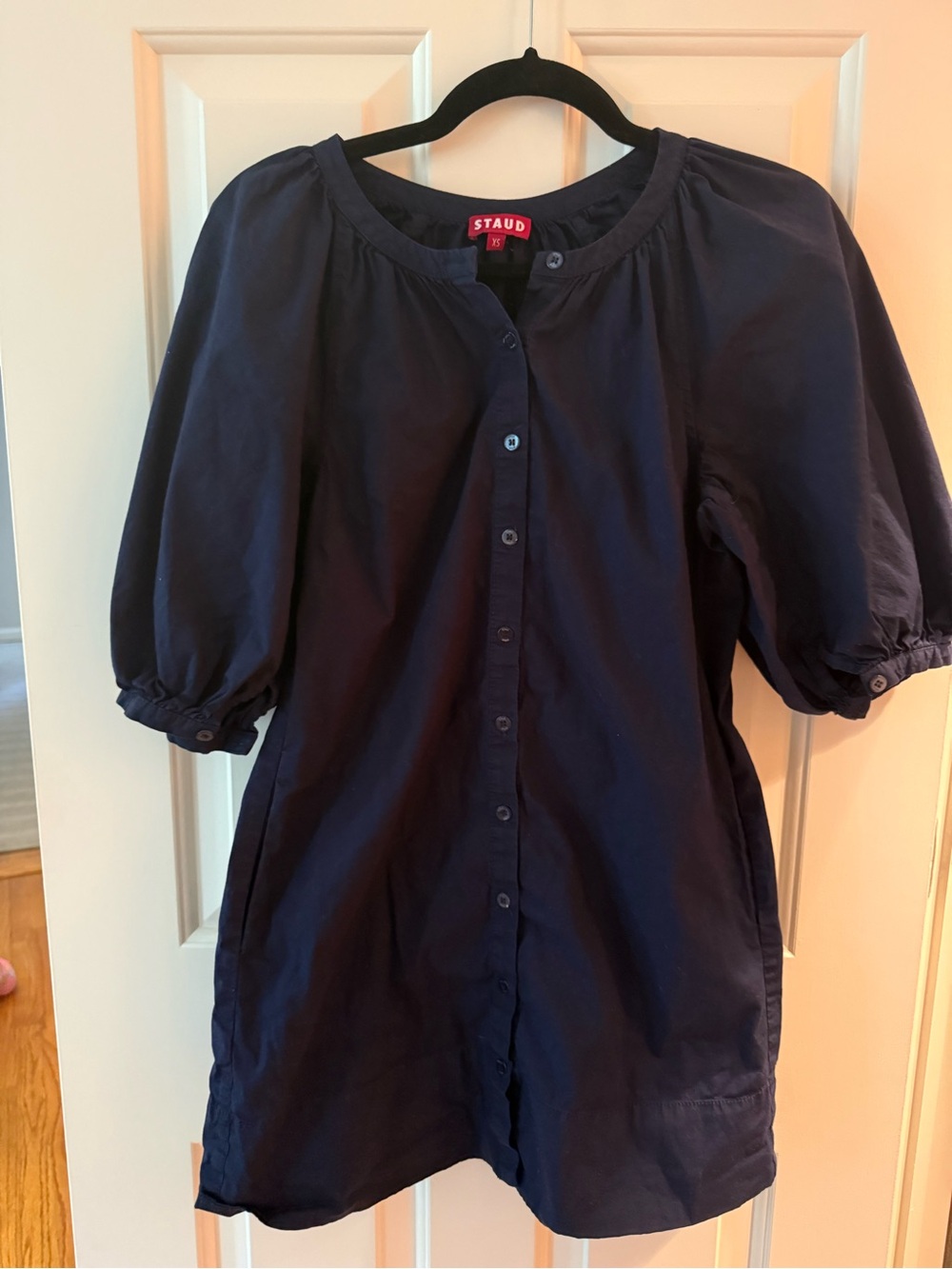 STAUD Navy Puff-Sleeve Button-Front Blouse